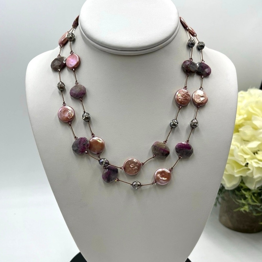Margo Morrison Raw‎ Ruby Crystallized Gray Pearl Pink Pearl Swarovski Necklace